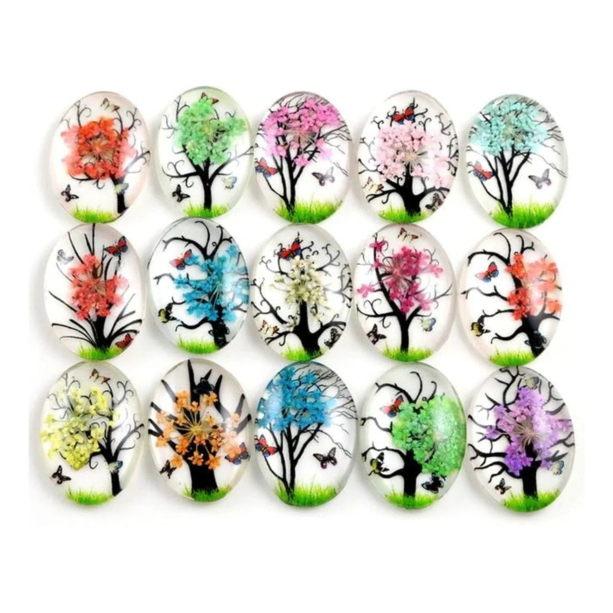 10x Glass Cabochons Flower Tree Life Handmade Oval Shape 18x25mm Jewellery Set A