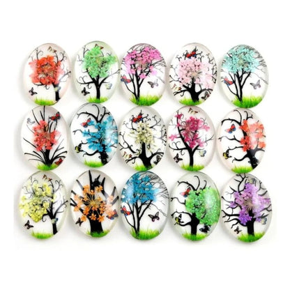 10x Glass Cabochons Flower Tree Life Handmade Oval Shape 18x25mm Jewellery Set A