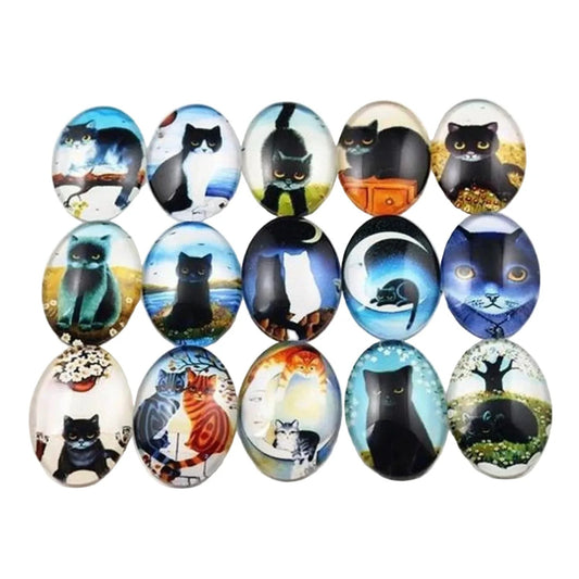 10pcs Glass Cabochons Oval Shape 18x25mm Jewellery Accessories Cats Design