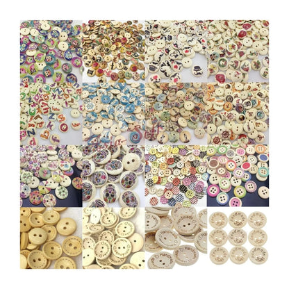 100pcs Mixed Wooden Buttons Flower for Clothing Craft Sewing DIY 2 Hole 15mm