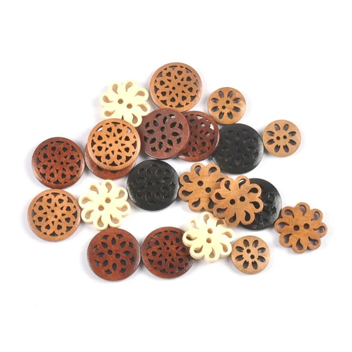 10-30pcs 18-25mm Carved Wooden Buttons Brown Cut-Out 2-Hole Coat Upholstery Flower Sewing Clothes