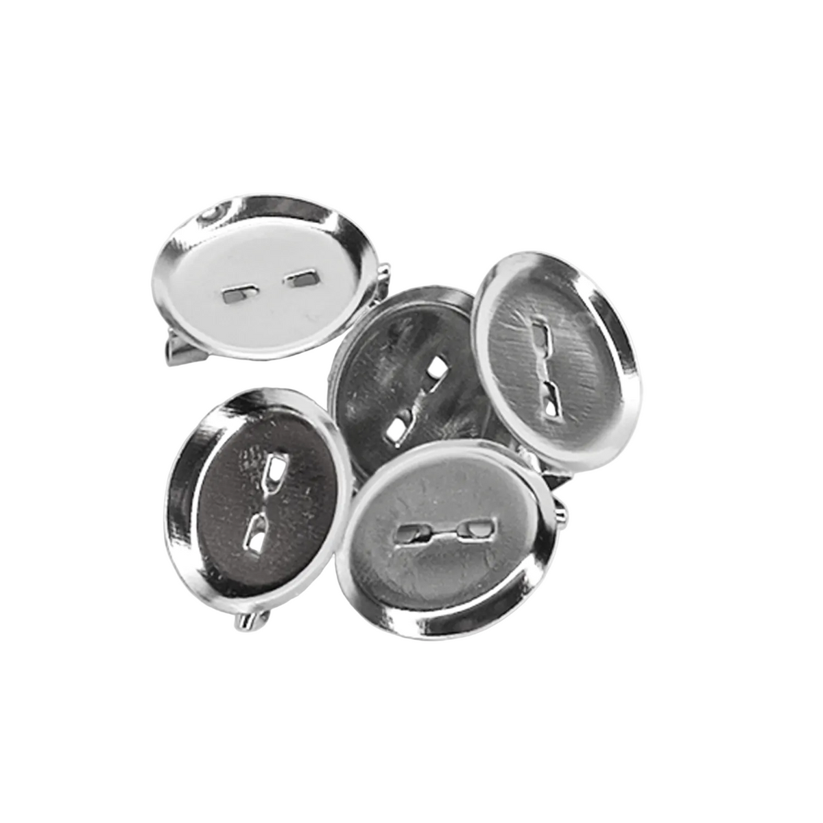 Five round silver metal button backs with pin fastening, arranged on a plain white background.