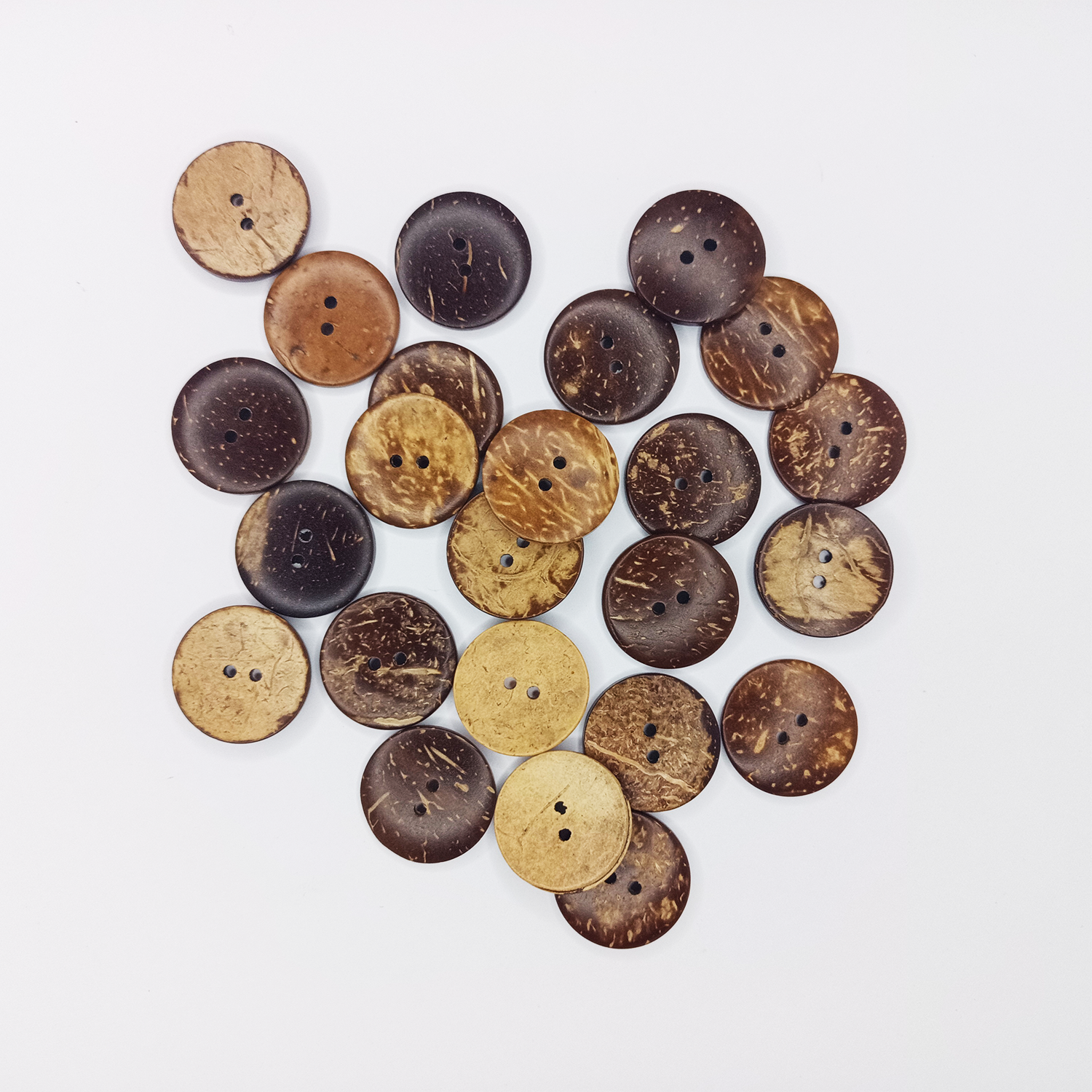 Collection of coconut shell buttons on a white background