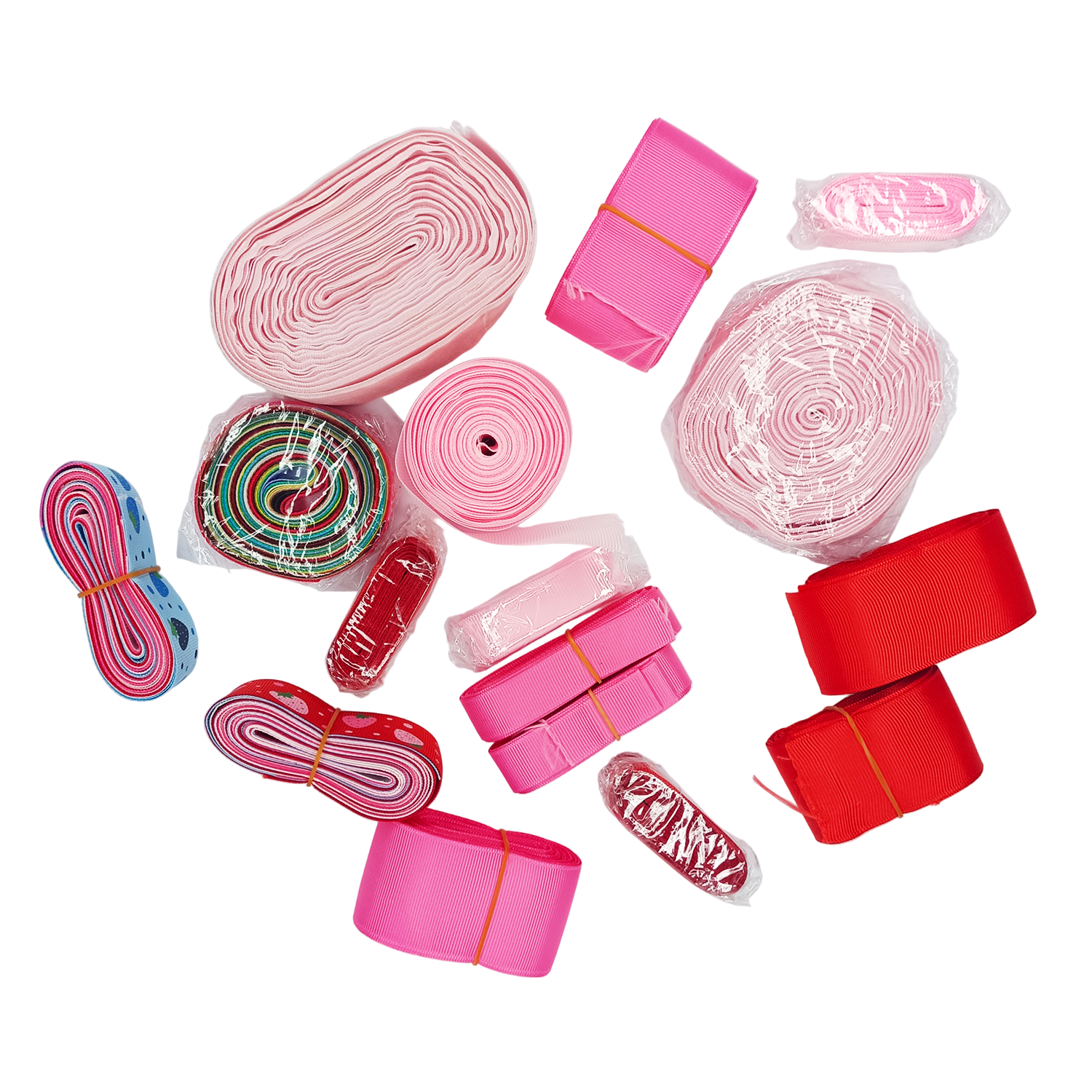 Collection of pink and red ribbons on a white background