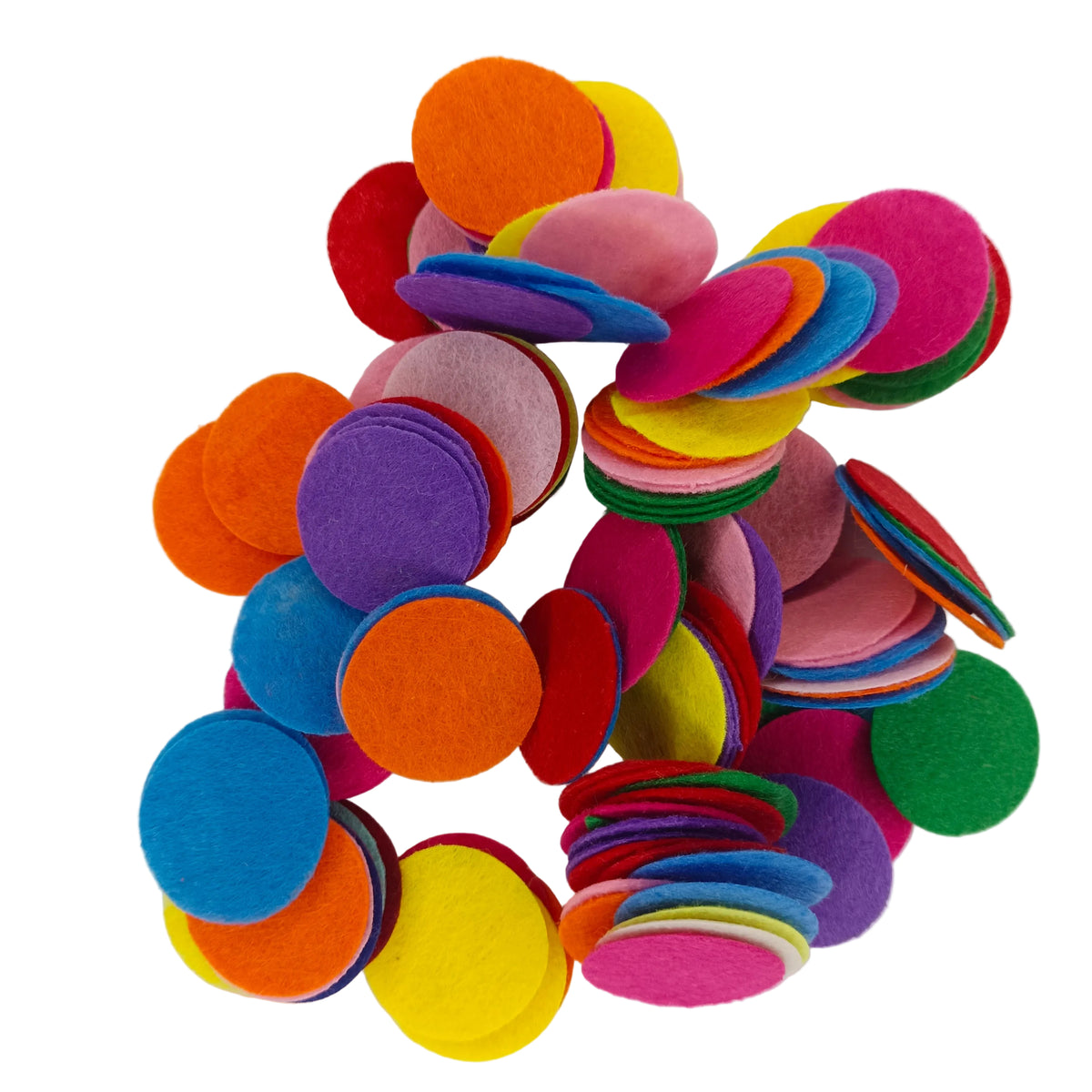A pile of colorful circular felt pieces in various shades including orange, yellow, pink, blue, purple, green, and red, arranged on a plain white background.