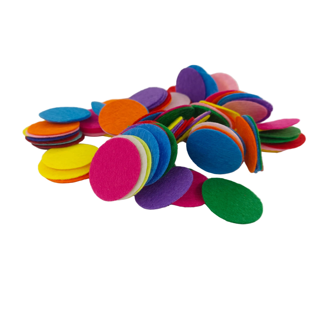 A pile of colorful round felt cutouts in various bright colors including pink, blue, green, yellow, orange, purple, and red, arranged on a plain white background.