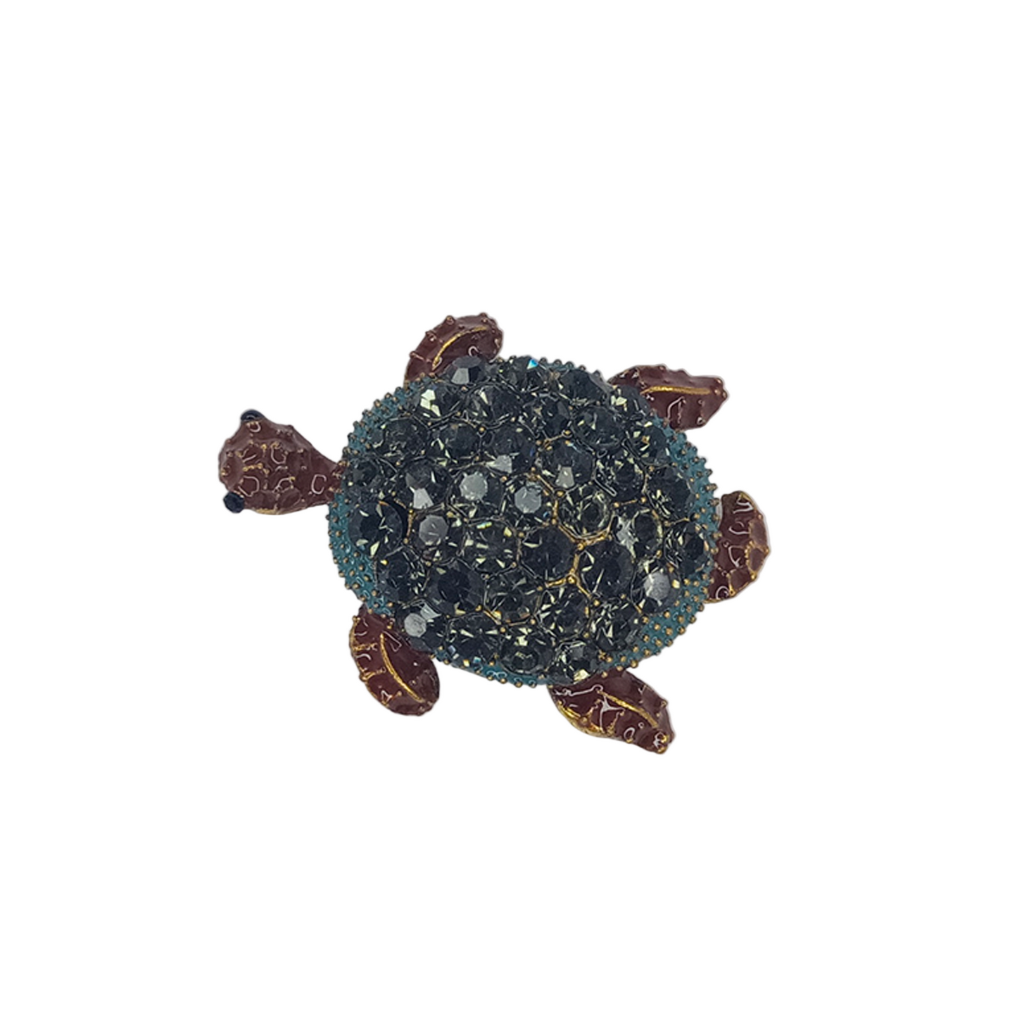 Decorative turtle brooch with a textured crystal sparkling shell on a white background