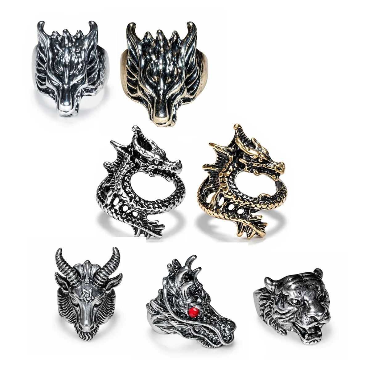 Dragon Goat Tiger Wolf Head Ring Devil Rings Black Silver Gold Colour Dragons Sheep