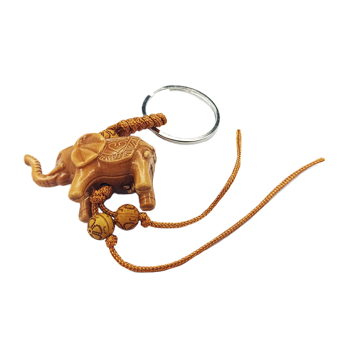 Wooden elephant keychain with a string on a white background