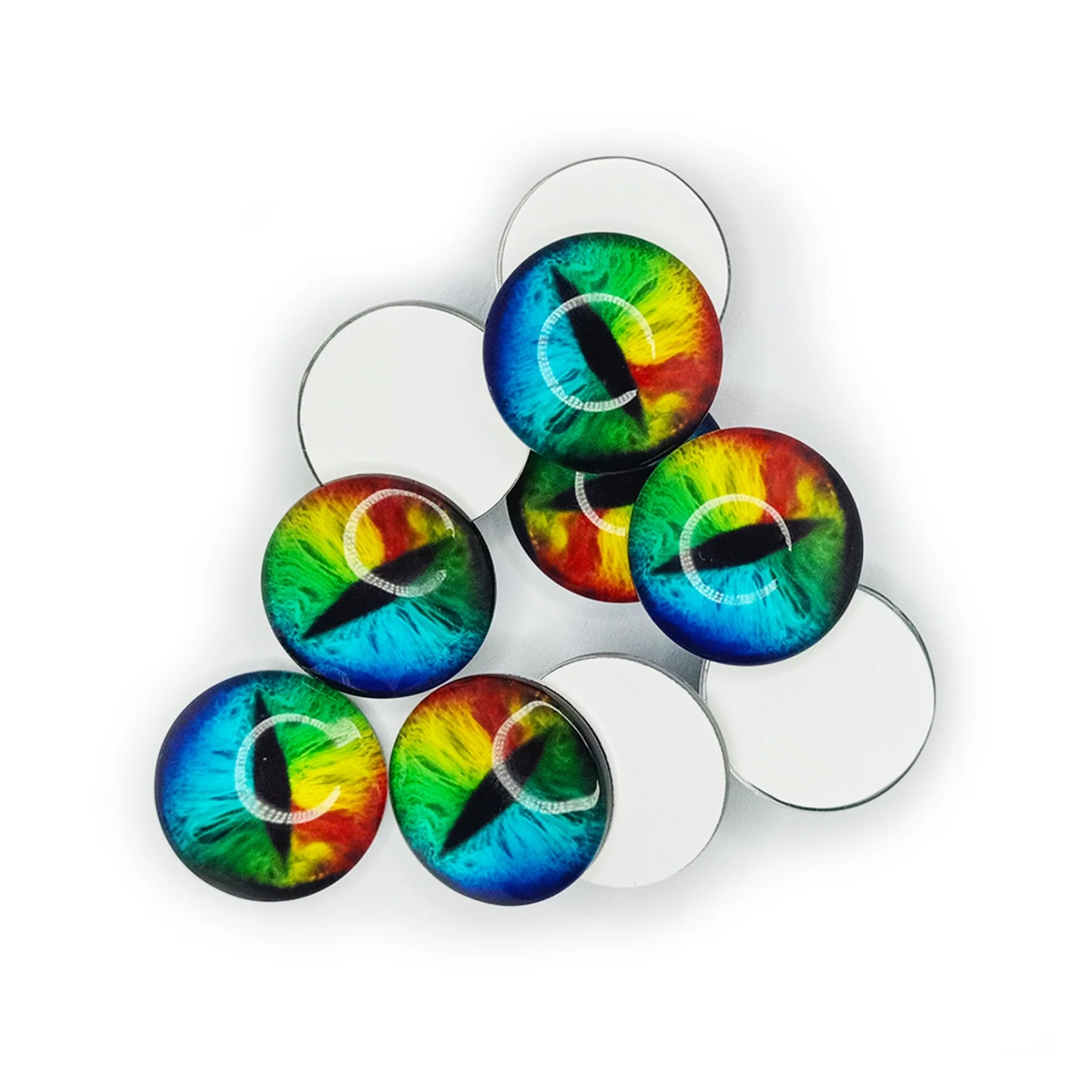 Colorful dragon eye buttons arranged in a pyramid formation on a white background