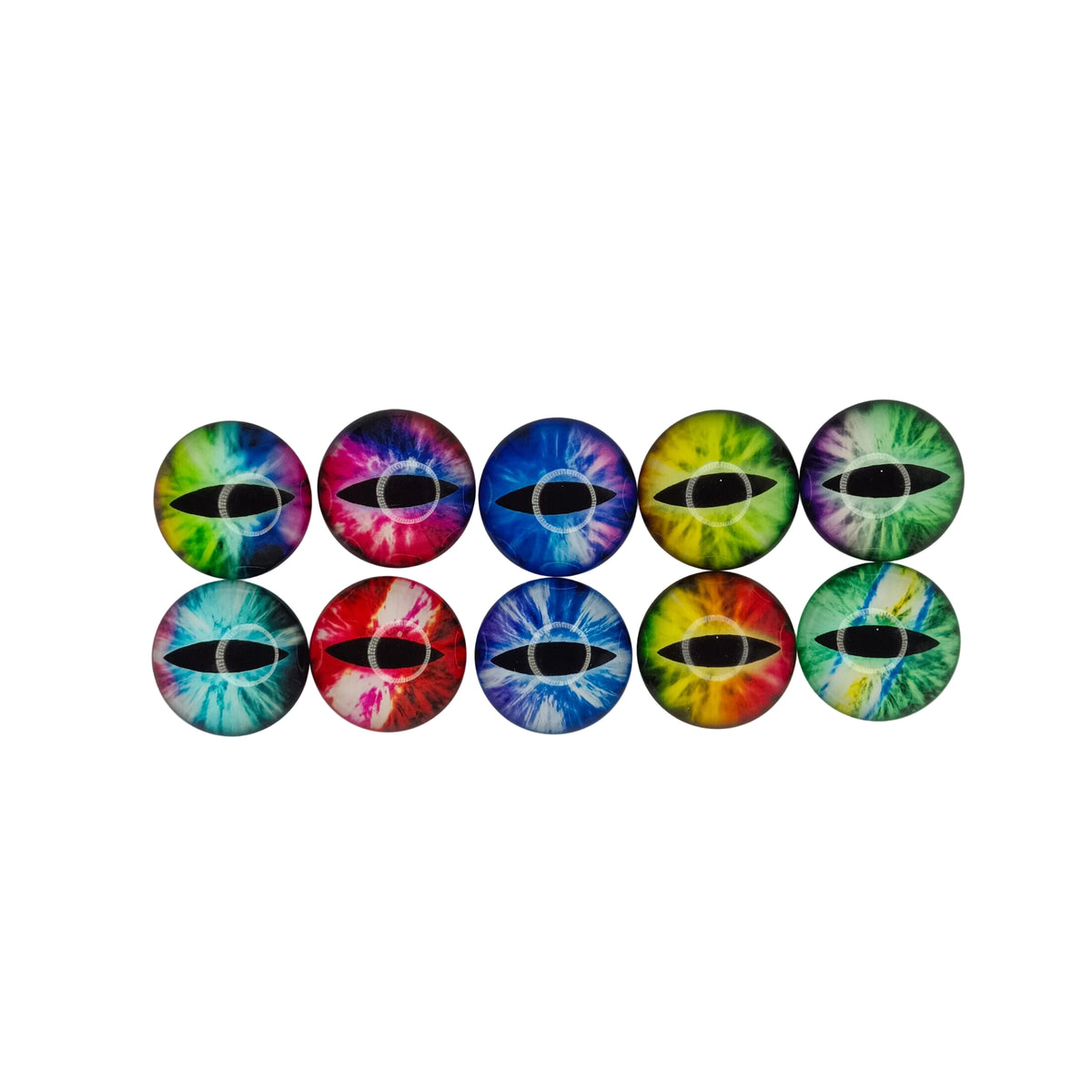 Colorful tie-dye eye-shaped buttons on a white background