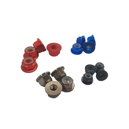 Assorted metal nuts in red, blue, and black on a white background
