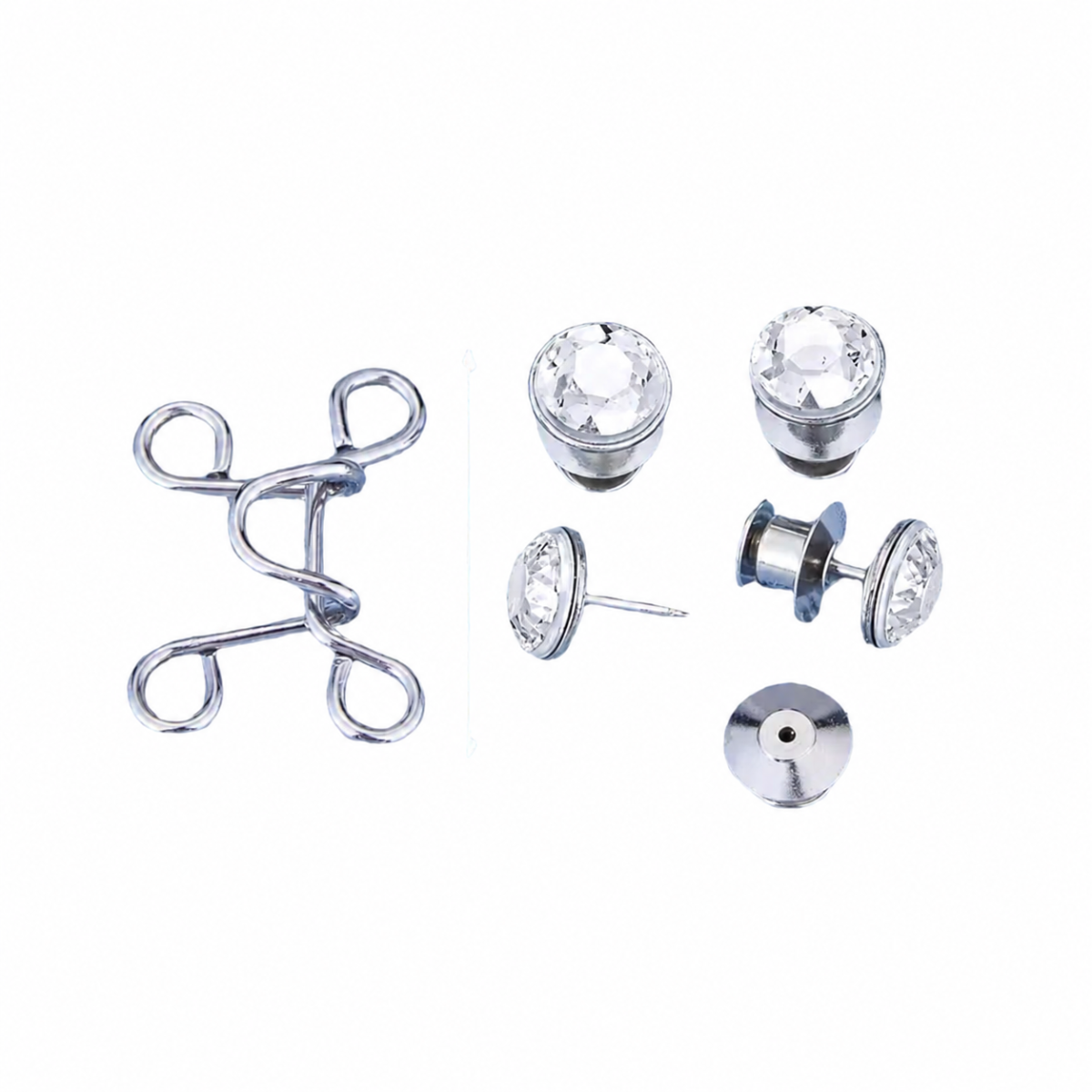 Silver-toned stud pants buckles with clear faceted rhinestones, shown in multiple views including front, side, and back, alongside a matching butterfly-shaped wire on a plain white background.