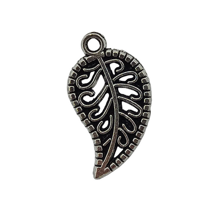Silver leaf-shaped pendant on a light gray background