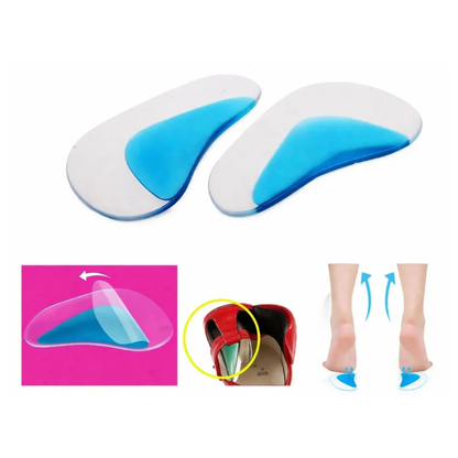 Blue and white shoe inserts with a pink inset showing a clear shoe insert, a red shoe with an insert, and a diagram of feet wearing the inserts  | Asia Sell