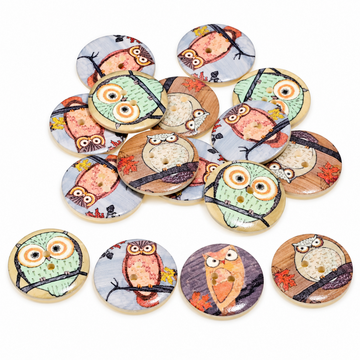 Owl Designs 15mm Oval Wooden Buttons for Jewelry Making on a white background