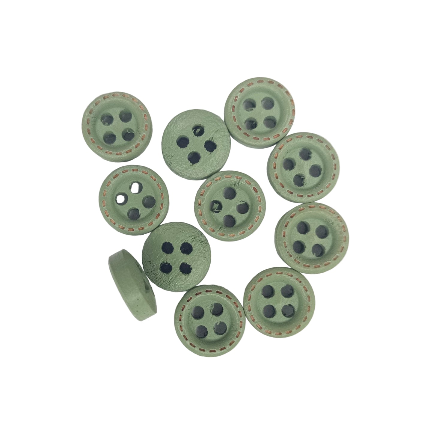 Pickle Green buttons with four holes on a white background