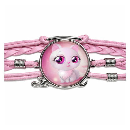 Pink Cat Leather Cuff Bracelet Armband Girls Handmade Rope Wrap Bangles Arm Band | Closeup | Asia Sell