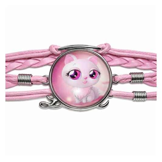 Pink Cat Leather Cuff Bracelet Armband Girls Handmade Rope Wrap Bangles Arm Band | Closeup | Asia Sell