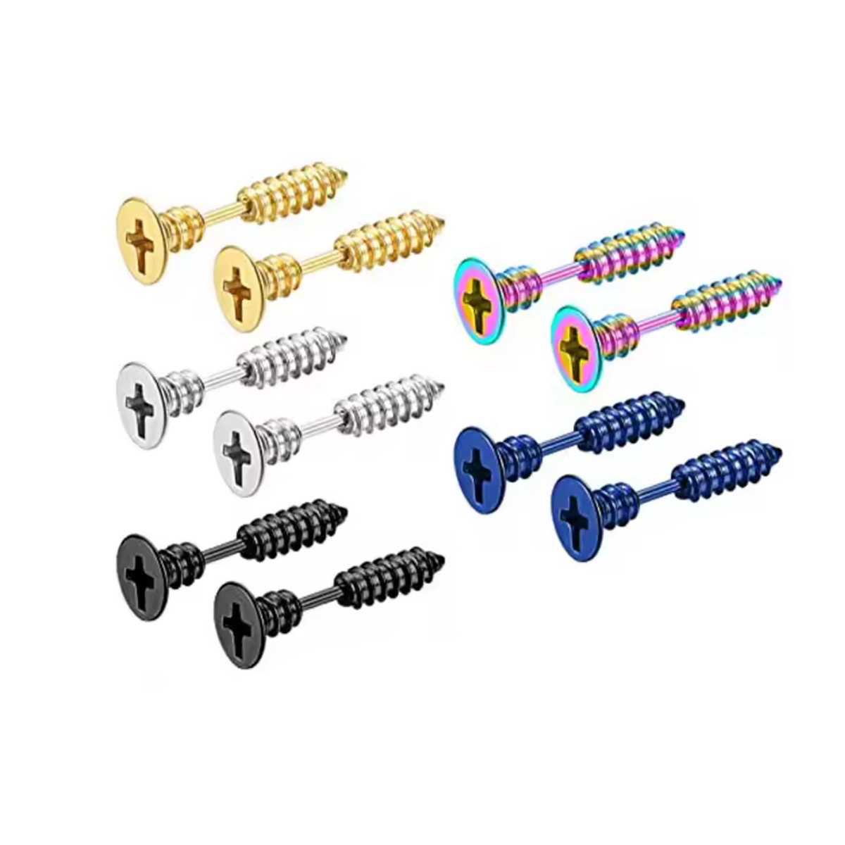 Six pairs of metallic barbell-shaped ear piercings with threaded screw backs, shown in gold, silver, black, rainbow, and blue finishes on a plain white background.