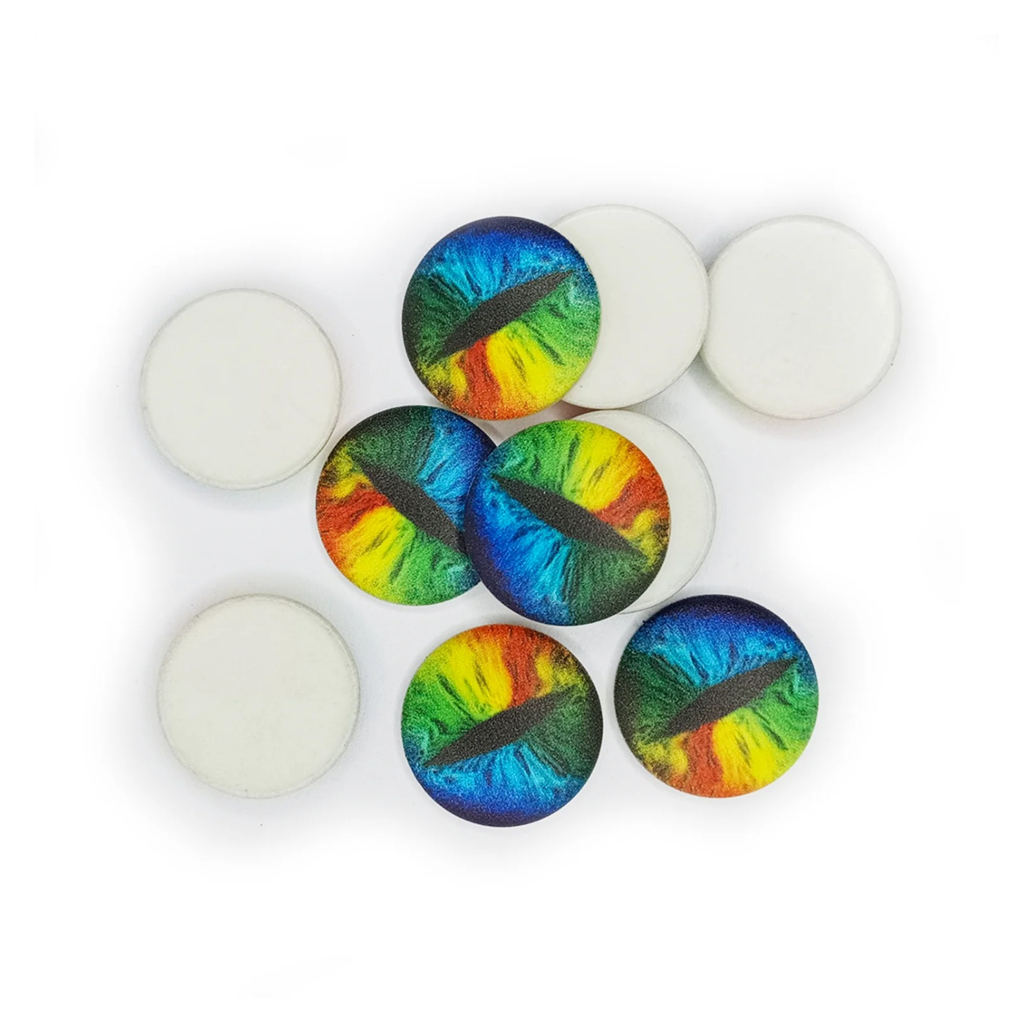 Colorful eye-shaped resin cabochons on a white background