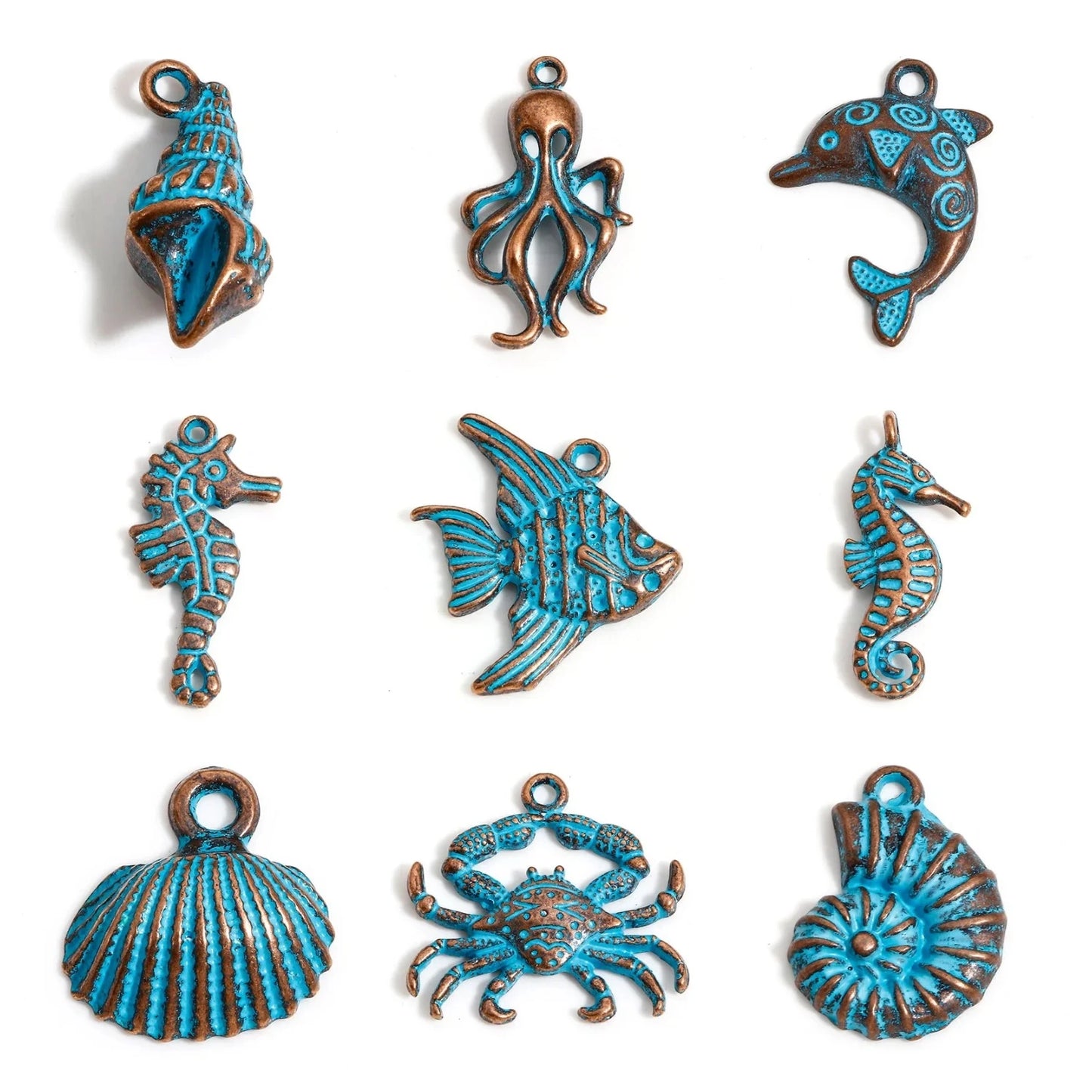 20pcs Vintage Ocean Jewelry Charms Antique Copper Blue Patina Pendants Fish Shell Pendants DIY Necklace Earrings Women Jewelry Findings
