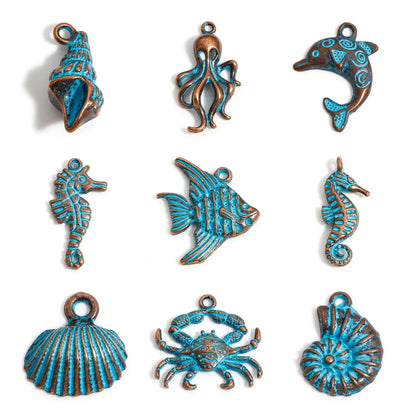 20pcs Vintage Ocean Jewelry Charms Antique Copper Blue Patina Pendants Fish Shell Pendants DIY Necklace Earrings Women Jewelry Findings