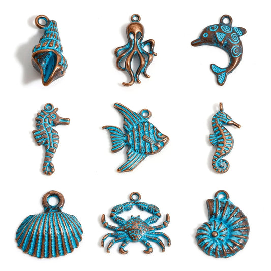 20pcs Vintage Ocean Jewelry Charms Antique Copper Blue Patina Pendants Fish Shell Pendants DIY Necklace Earrings Women Jewelry Findings