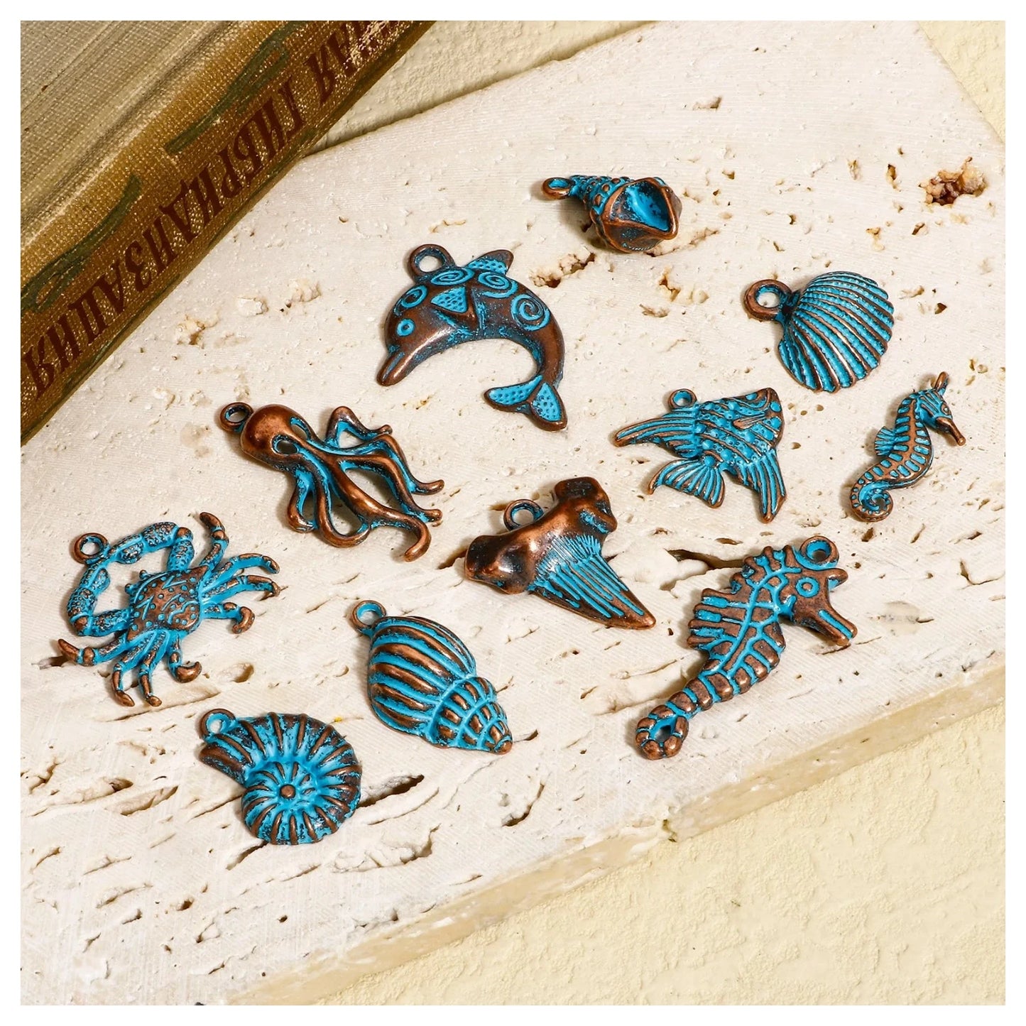 20pcs Vintage Ocean Jewelry Charms Antique Copper Blue Patina Pendants Fish Shell Pendants DIY Necklace Earrings Women Jewelry Findings
