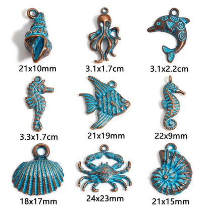 20pcs Vintage Ocean Jewelry Charms Antique Copper Blue Patina Pendants Fish Shell Pendants DIY Necklace Earrings Women Jewelry Findings