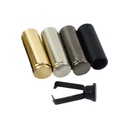 Set of Metallic string ends tips on a white background on a white background