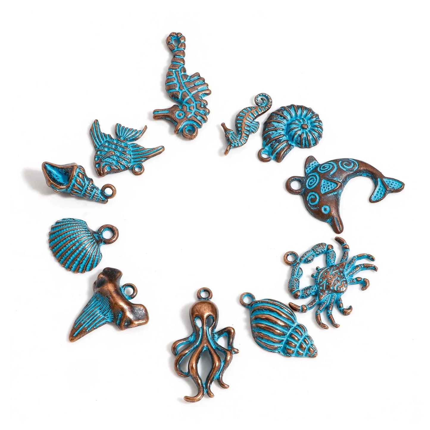 20pcs Vintage Ocean Jewelry Charms Antique Copper Blue Patina Pendants Fish Shell Pendants DIY Necklace Earrings Women Jewelry Findings