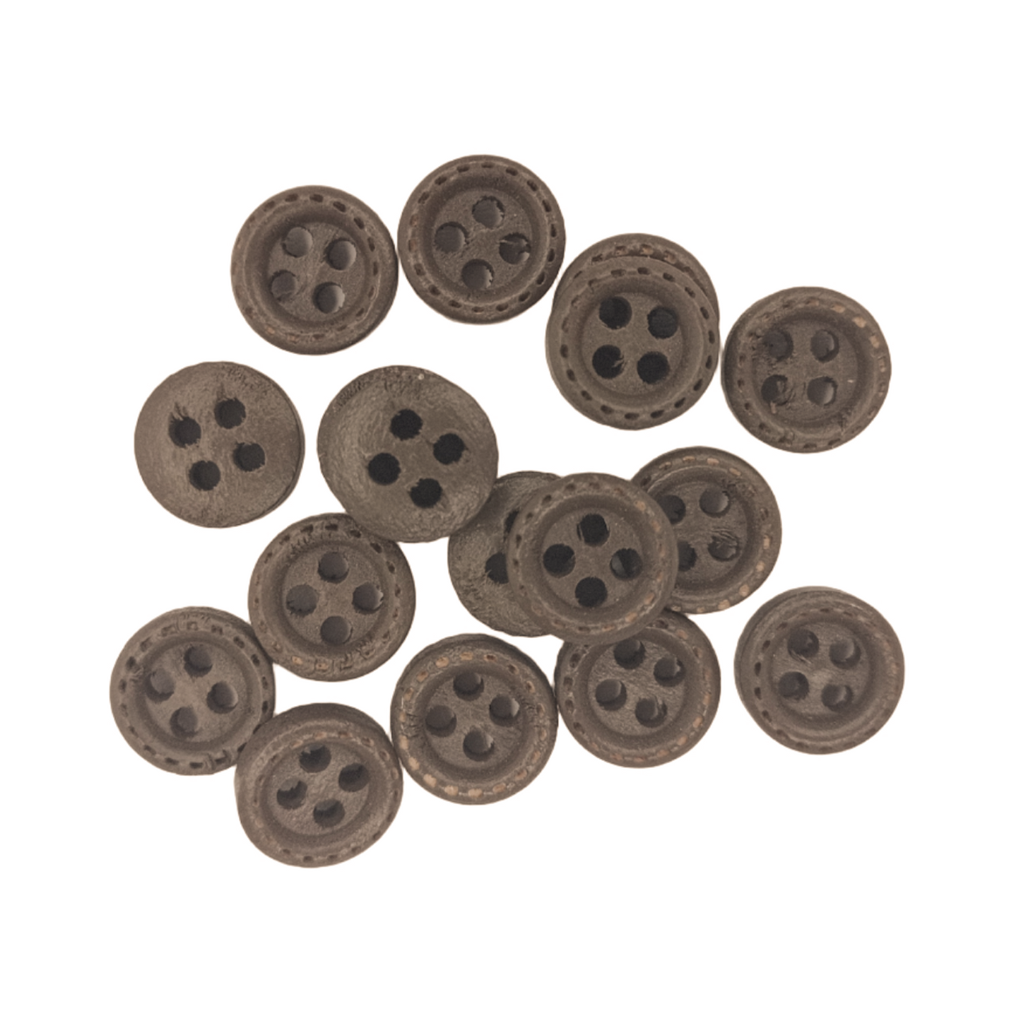 Set of brown buttons with four holes on a white background