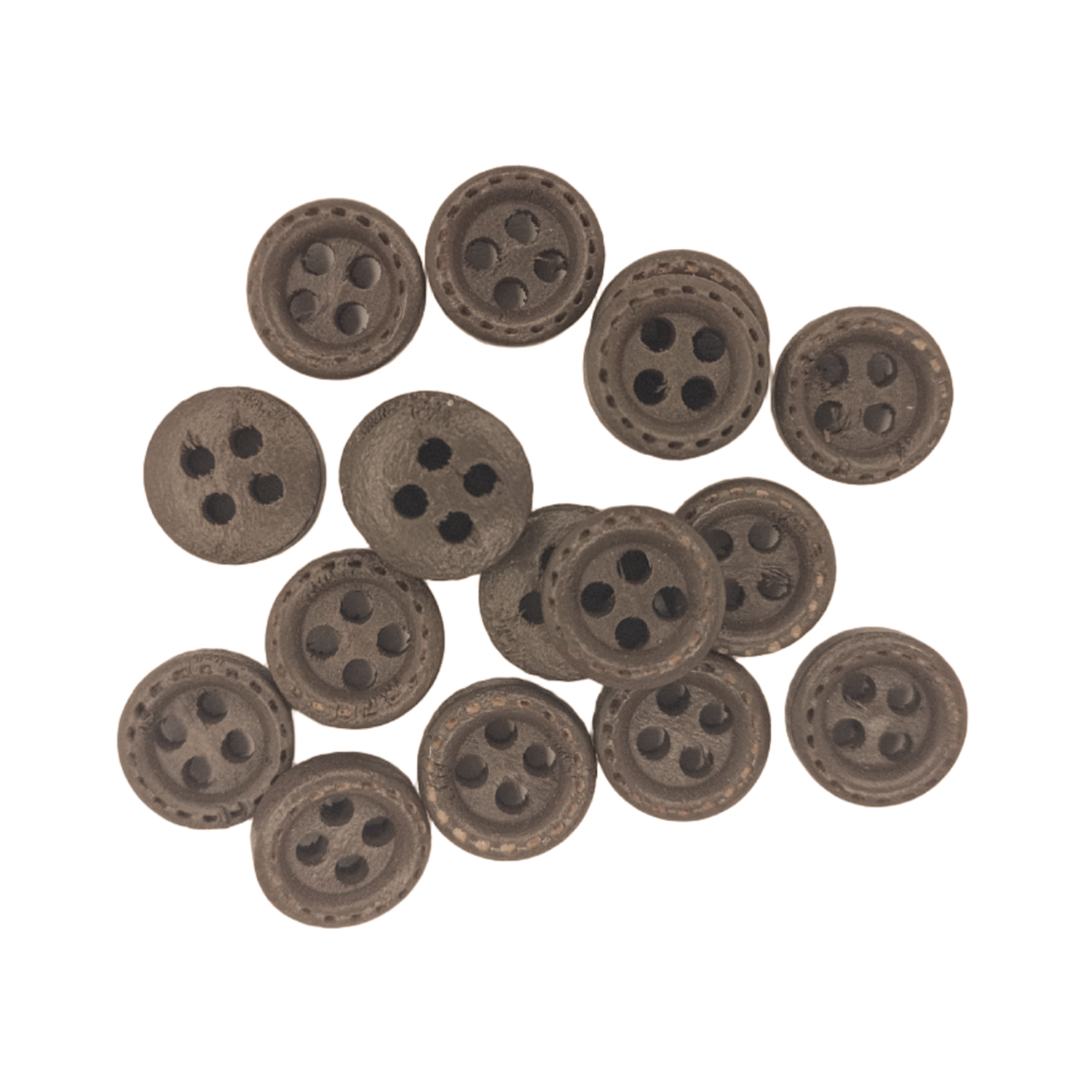 Set of brown buttons with four holes on a white background
