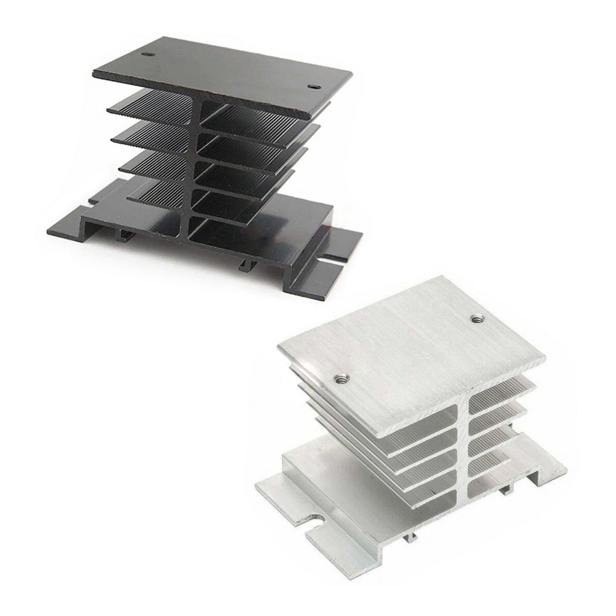 Two metal heat sinks, one gray and one white, on a white background