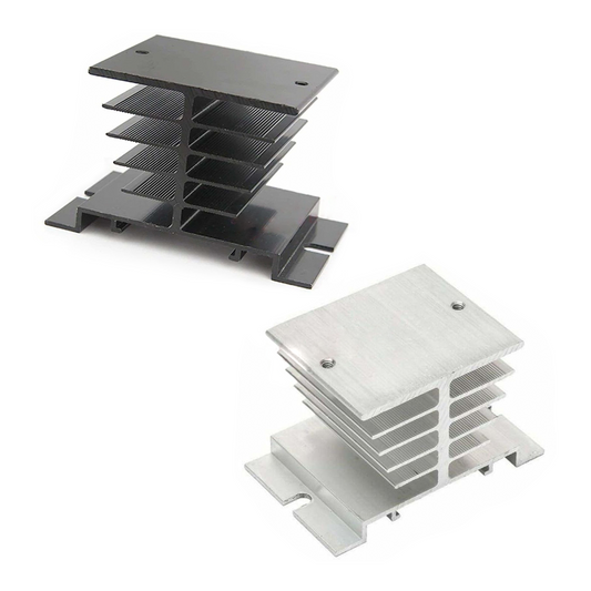 Two metal heat sinks, one gray and one white, on a white background