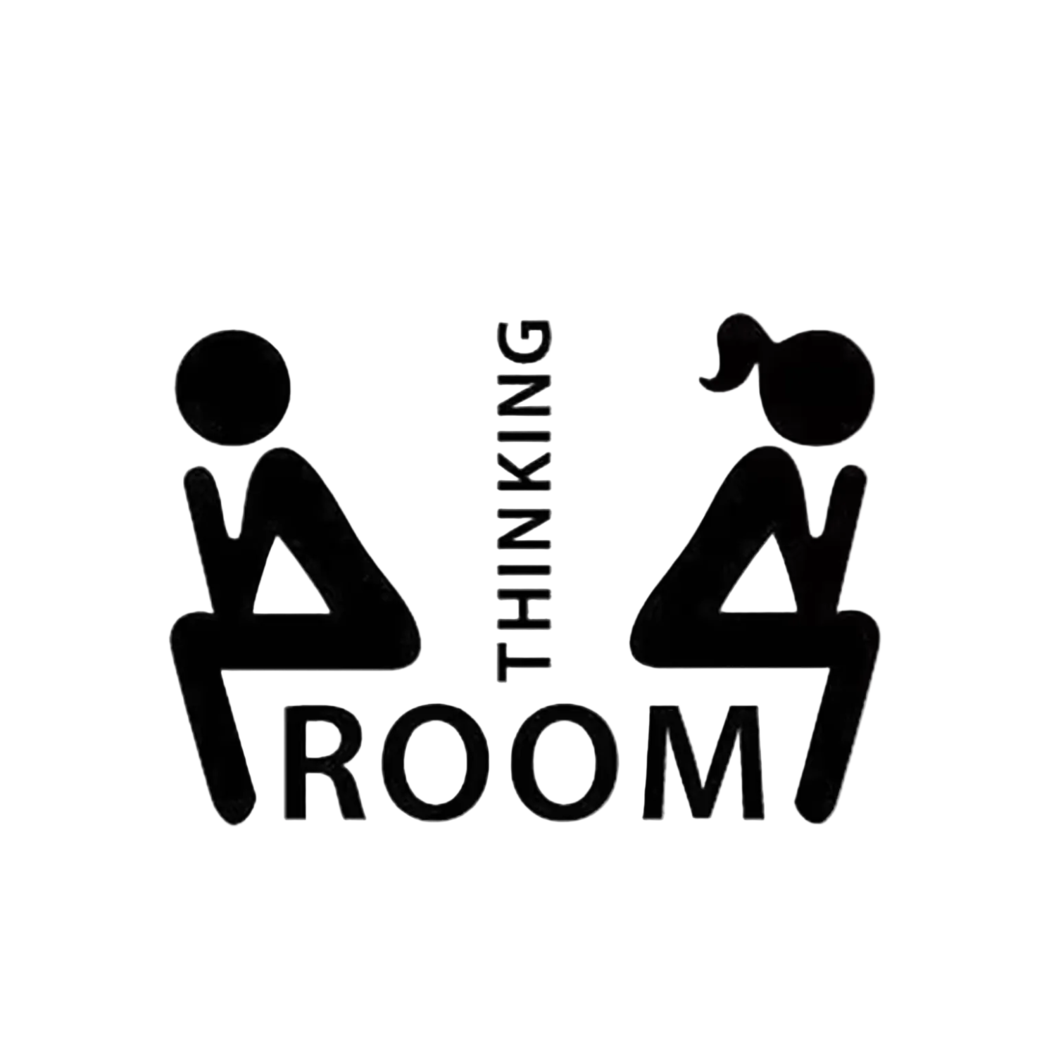 Black silhouette sticker of a man and woman sitting with 'Thinking Room' text on a white background