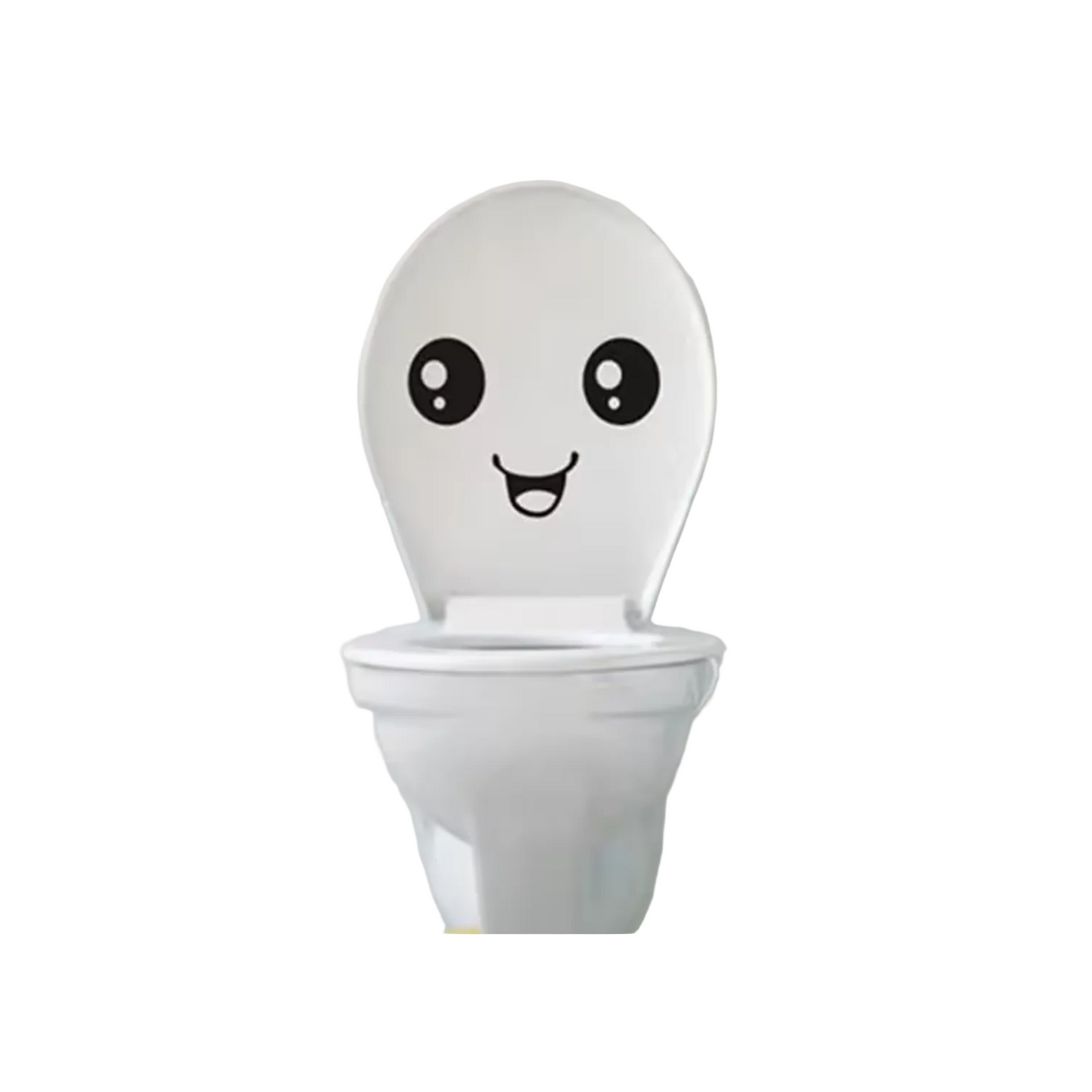 White toilet with a smiley face decal on the lid against a white background.