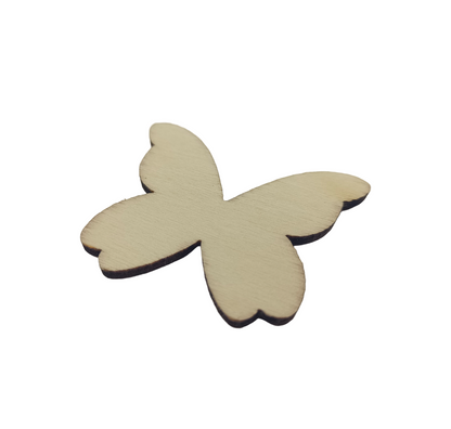 Wooden butterfly-shaped cutout on a light gray background