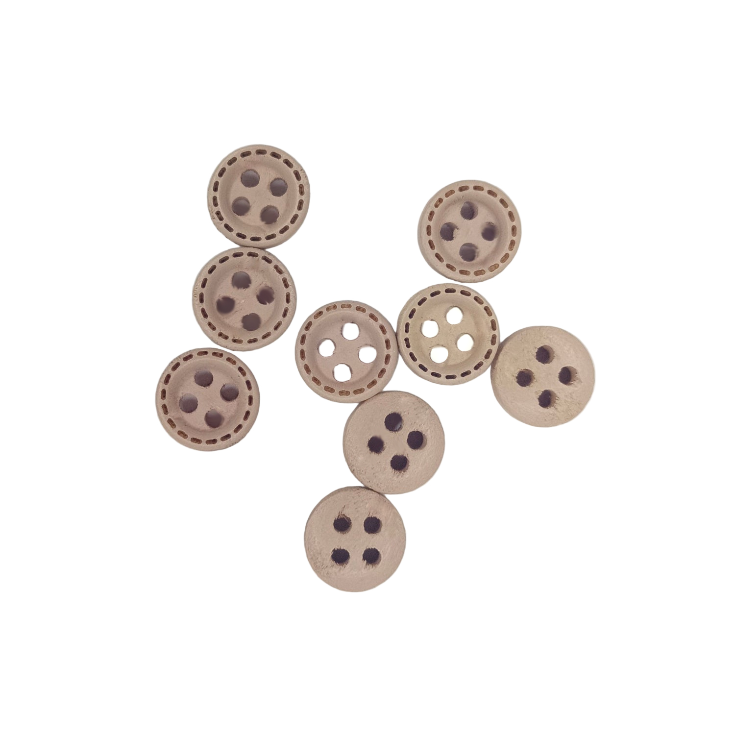 Wooden buttons with eyelets on a white background
