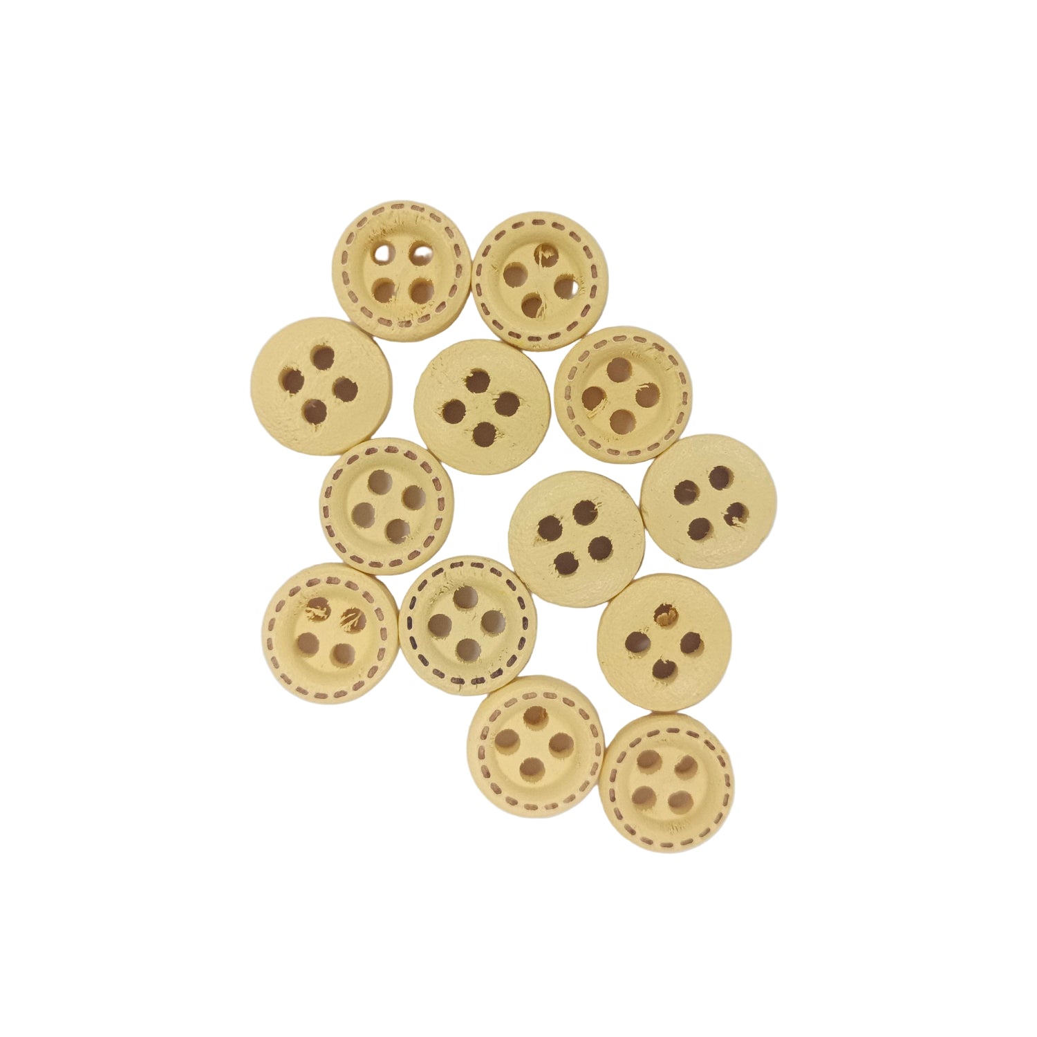 Wooden buttons with four holes on a light gray background