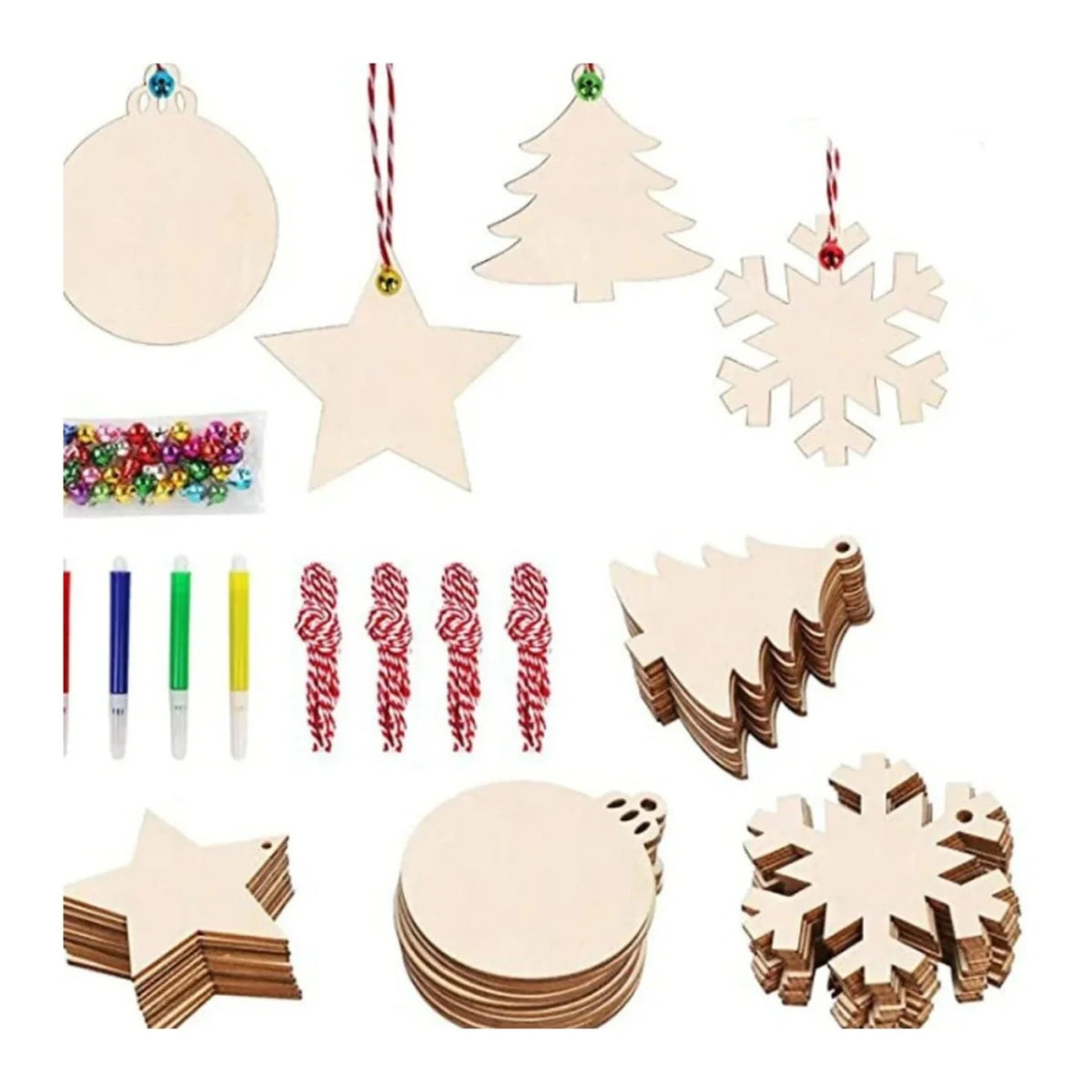 10pcs Wooden Blanks with Thread Christmas Hanging Ornament Forms Tree Bell Star Bauble Snowflake for DIY Craft