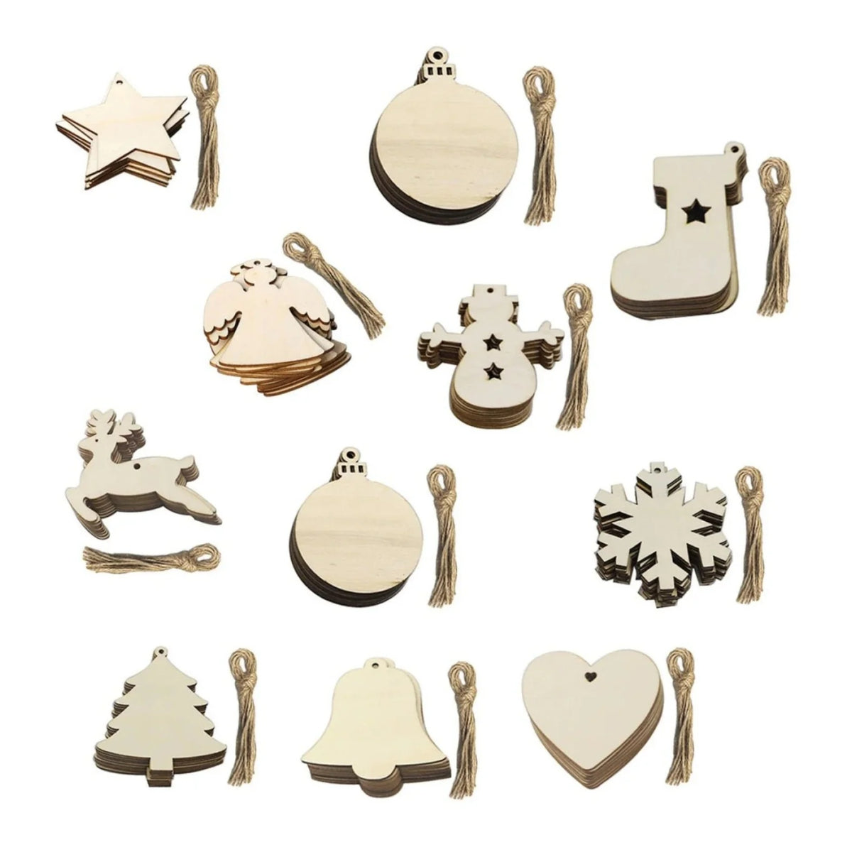 10pcs Wooden Blanks with Thread Christmas Hanging Ornament Forms Tree Bell Star Bauble Snowflake for DIY Craft