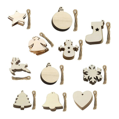 10pcs Wooden Blanks with Thread Christmas Hanging Ornament Forms Tree Bell Star Bauble Snowflake for DIY Craft