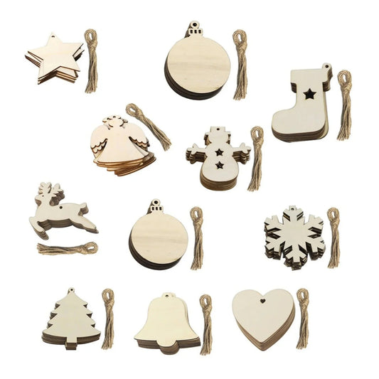 10pcs Wooden Blanks with Thread Christmas Hanging Ornament Forms Tree Bell Star Bauble Snowflake for DIY Craft