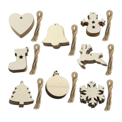 10pcs Wooden Blanks with Thread Christmas Hanging Ornament Forms Tree Bell Star Bauble Snowflake for DIY Craft