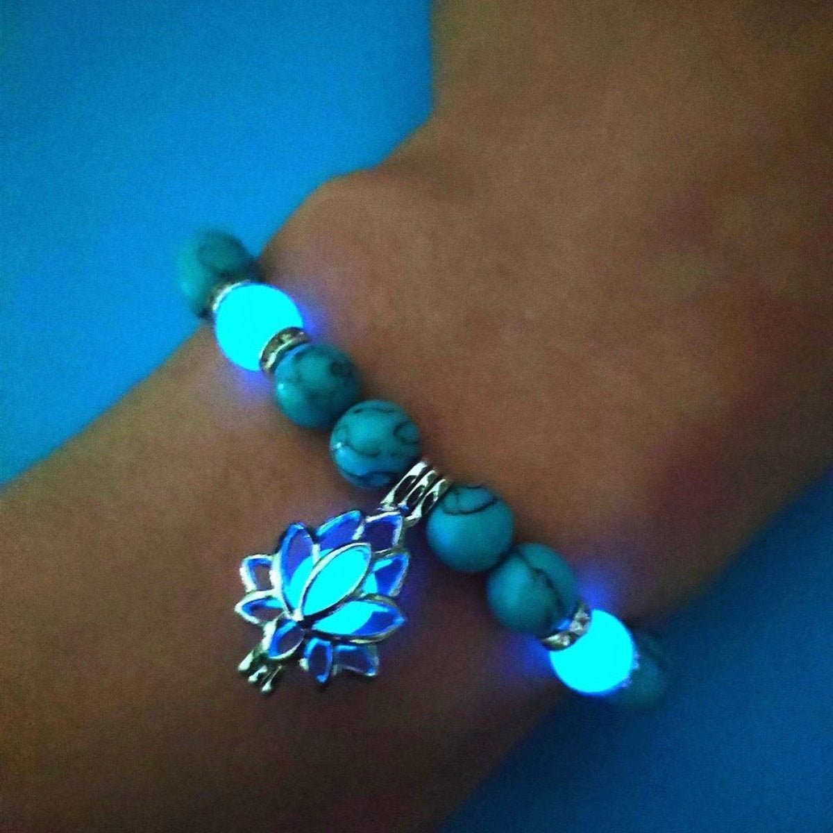 Bracelet Yoga Healing Luminous Glow In The Dark Bracelet Lotus Charm Beads Bracelet for Men Women Prayer Buddhism - Blue Light A - Asia Sell