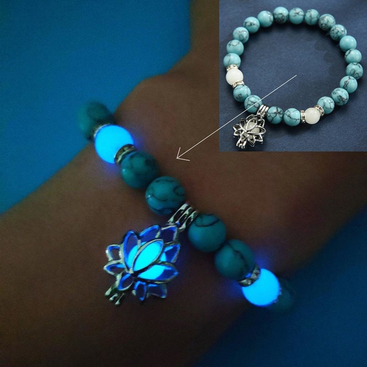 Bracelet Yoga Healing Luminous Glow In The Dark Bracelet Lotus Charm Beads Bracelet for Men Women Prayer Buddhism - Blue Light C - Asia Sell