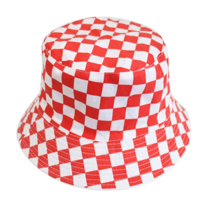 Bucket Hat Black White Cow Pattern Colourful Checkerboard Checked Colourful Fisherman Caps - Red and White Checked - Asia Sell