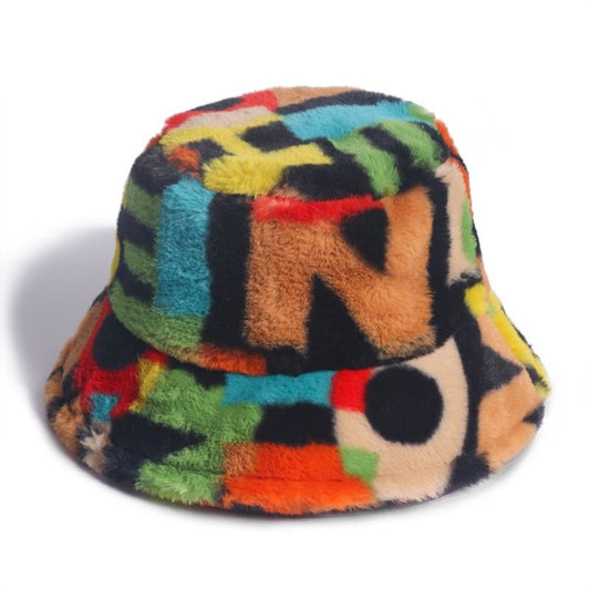 Bucket Hats Winter Soft Warm Adjustable Multicolour Rainbow Faux Fur Letter Pattern - Letter - Asia Sell